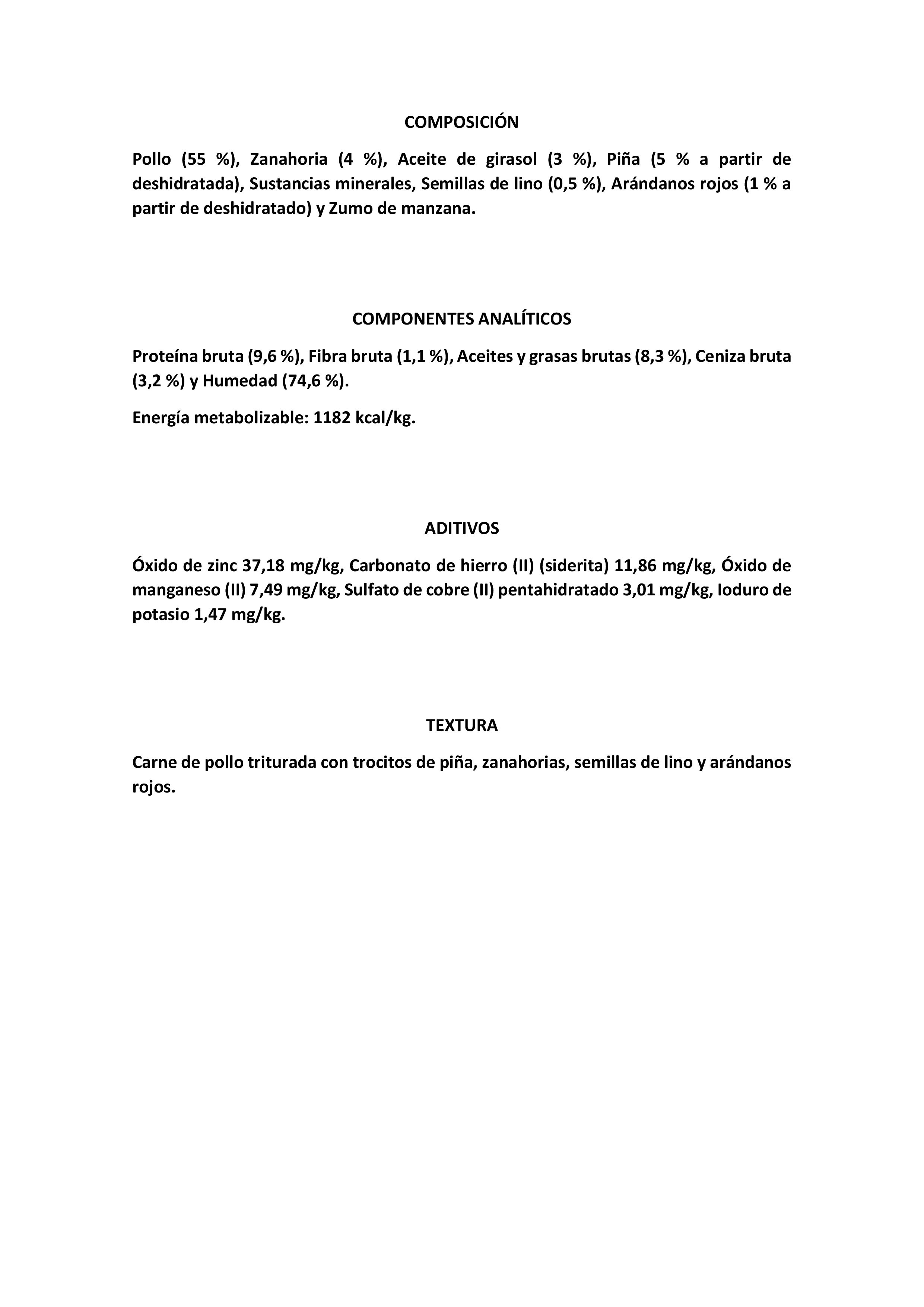 POLLO CON ZANAHORIAS, PIÑA, SEMILLAS DE LINO Y ARÁNDANOS ROJOS 400gr.