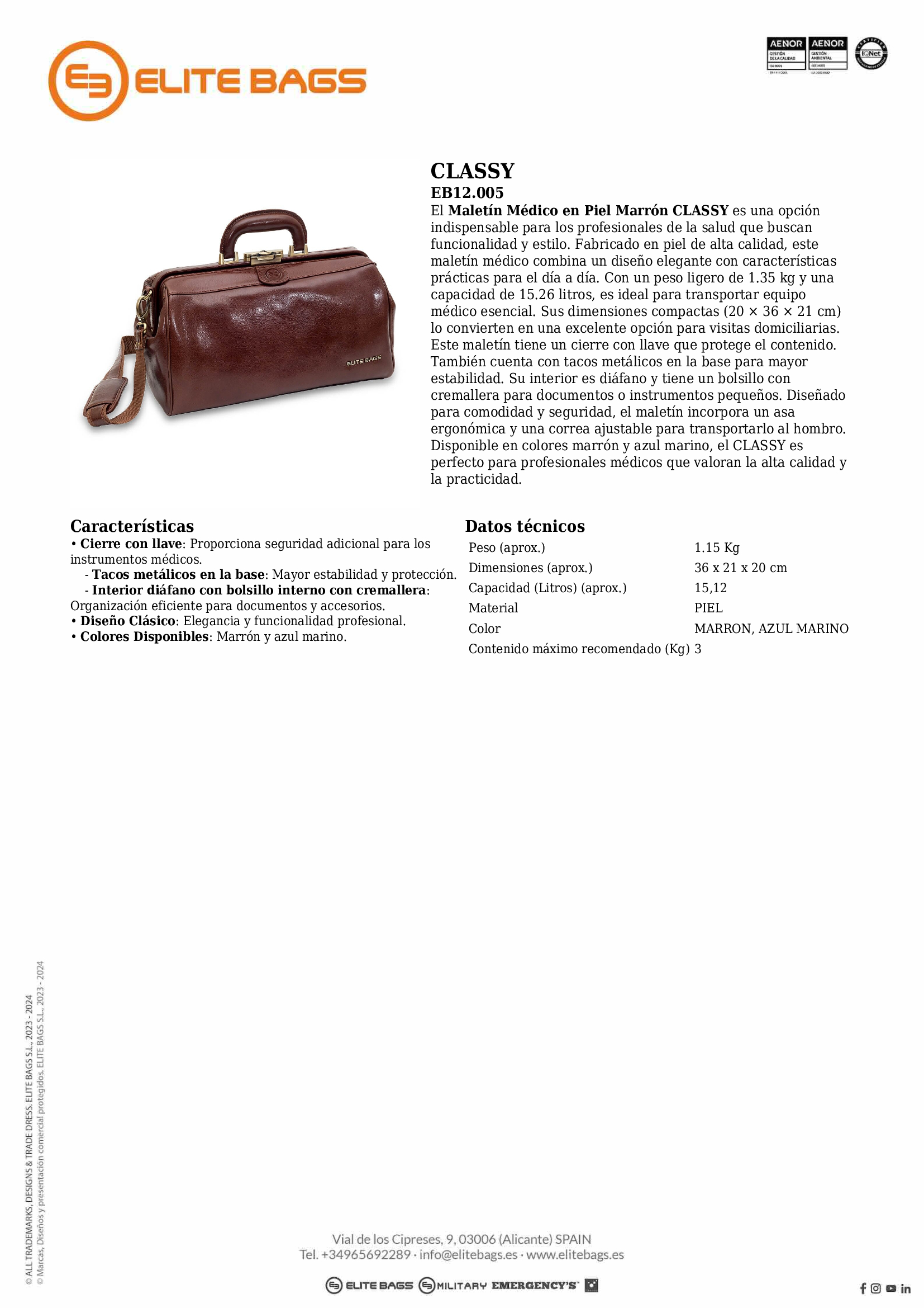 CLASSY, maletín médico compacto, piel. Marrón.