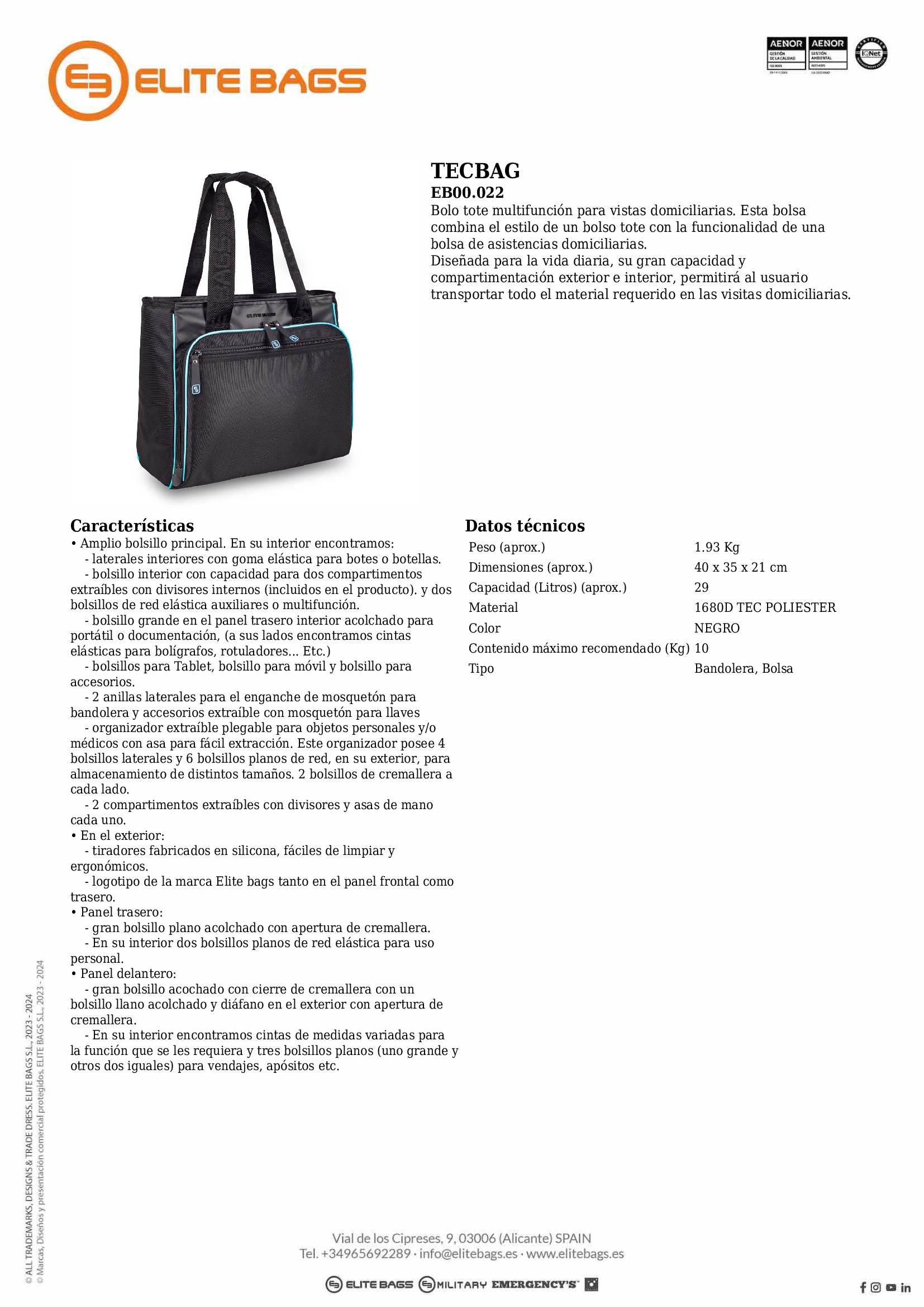 TECBAG, Bolso tote médico con organizador interno, negro