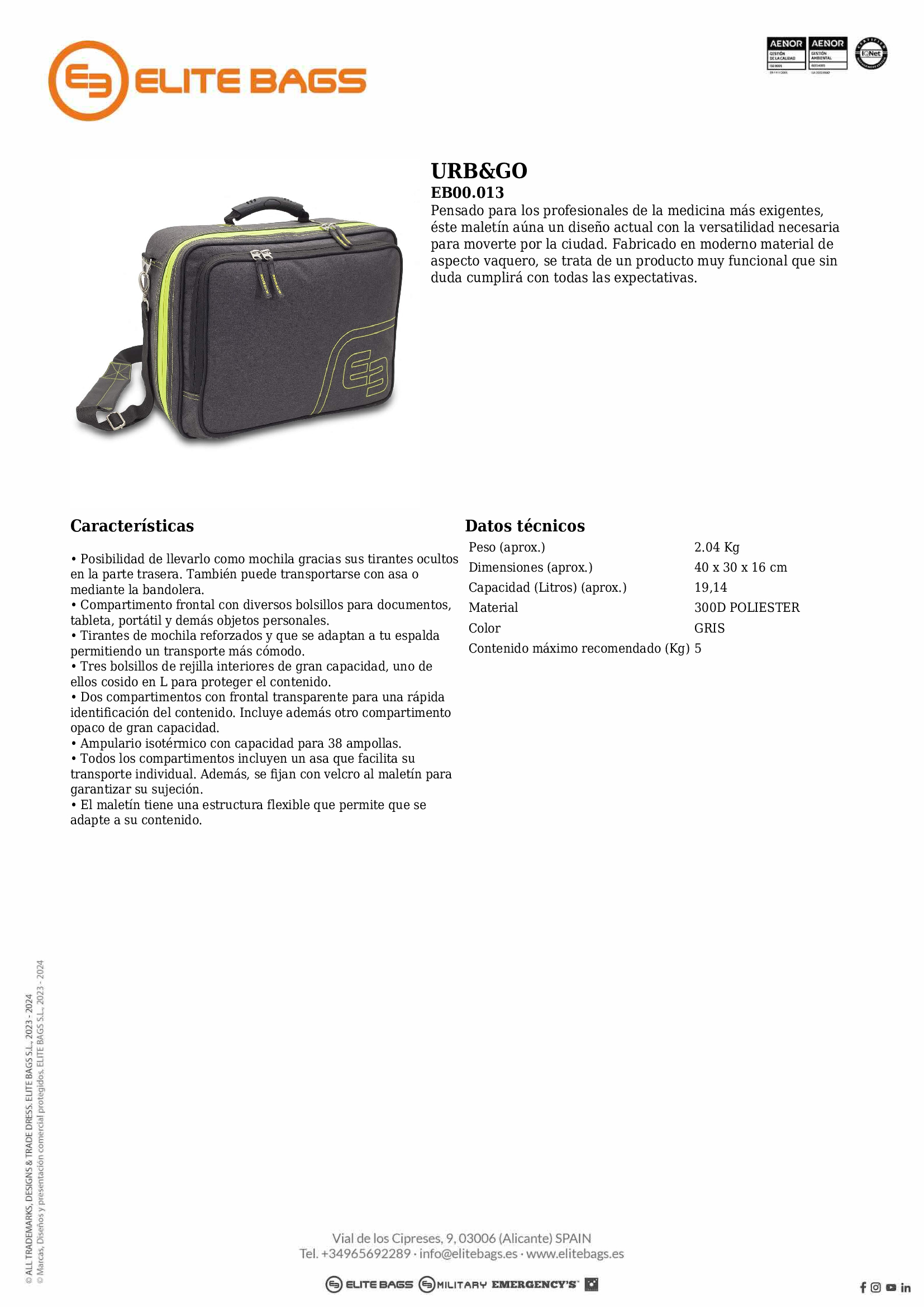 URB&GO Maletín visitas domiciliarias, poliéster bitono. Gris-lima.