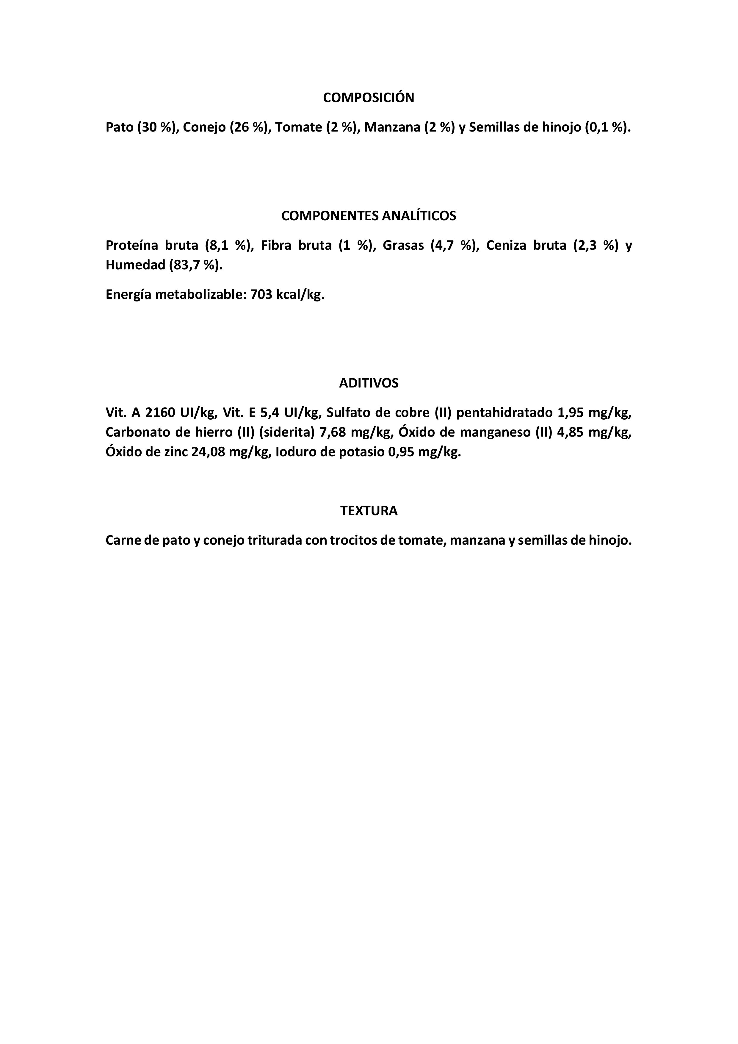 PATO Y CONEJO CON TOMATE,MANZANA Y SEMILLAS DE HINOJO 400gr.