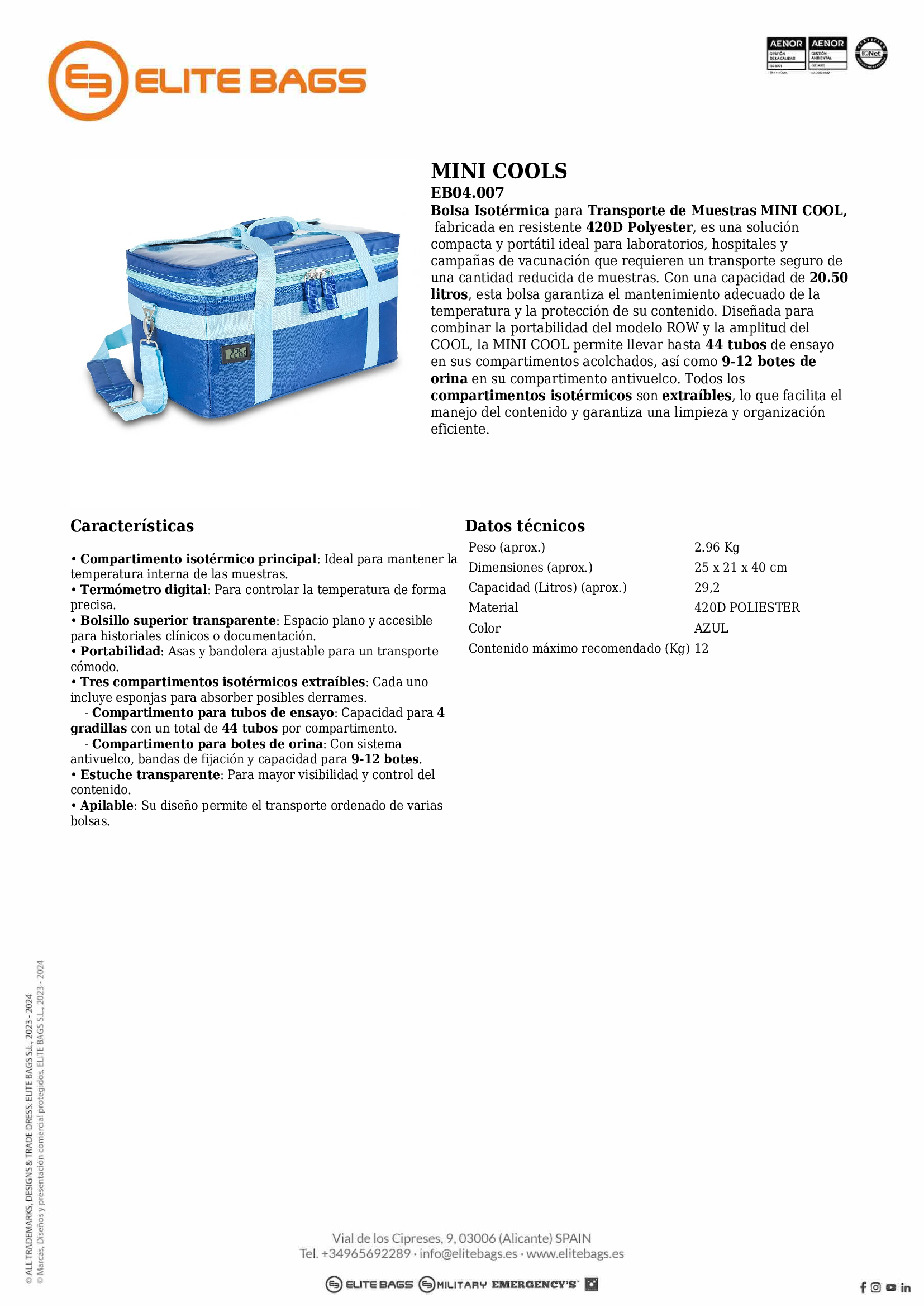 MINI COOLS, bolsa isotérmica mediana para transporte de muestras. Azul.