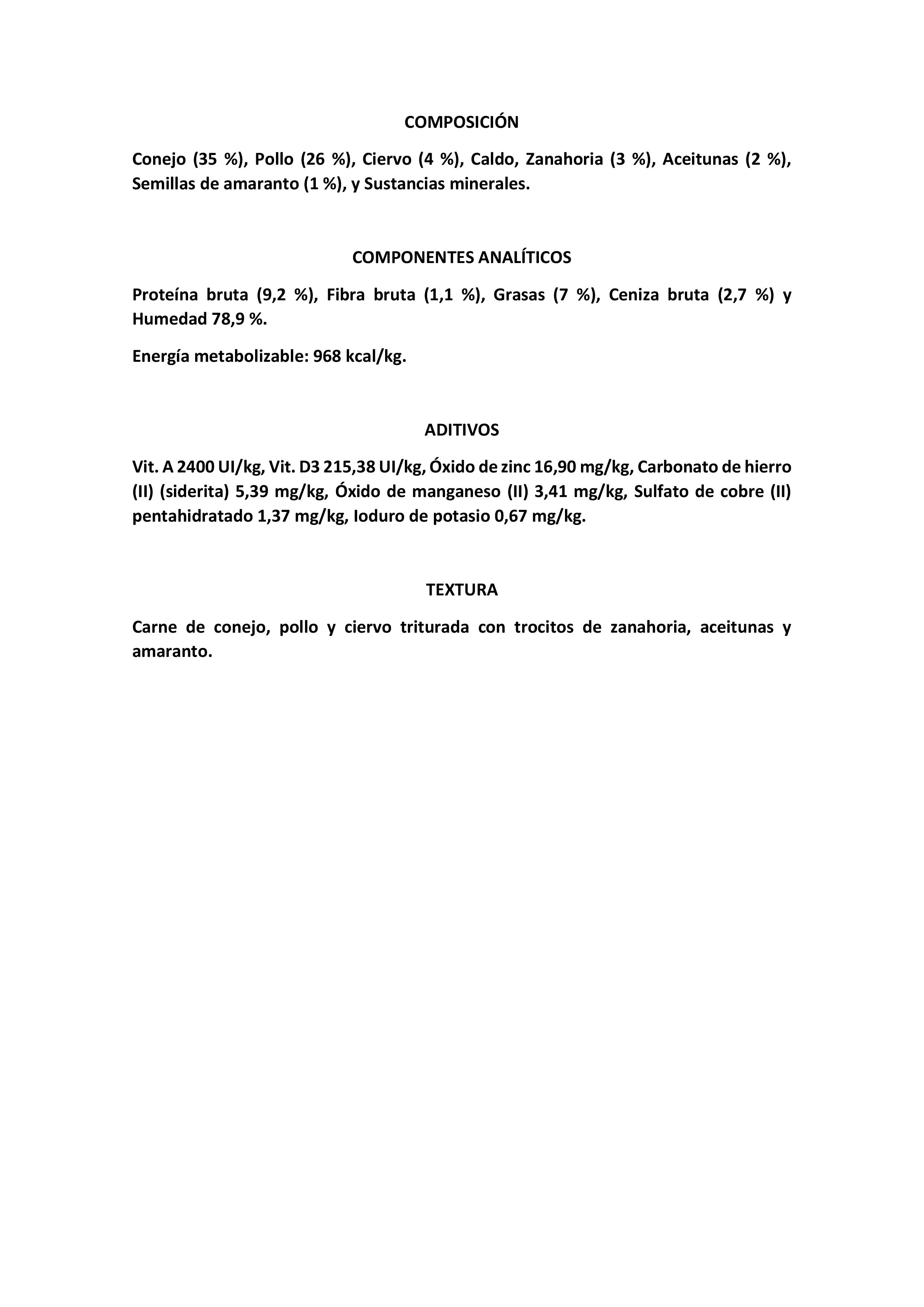 CONEJO CON VENADO, ZANAHORIAS, ACEITUNAS Y AMARANTO 400gr.