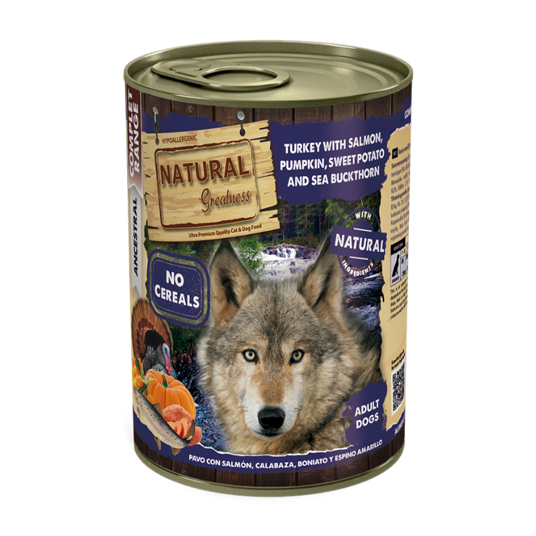 PAVO CON SALMON, CALABAZA, BONIATO Y ESPINO AMARILLO 400gr.