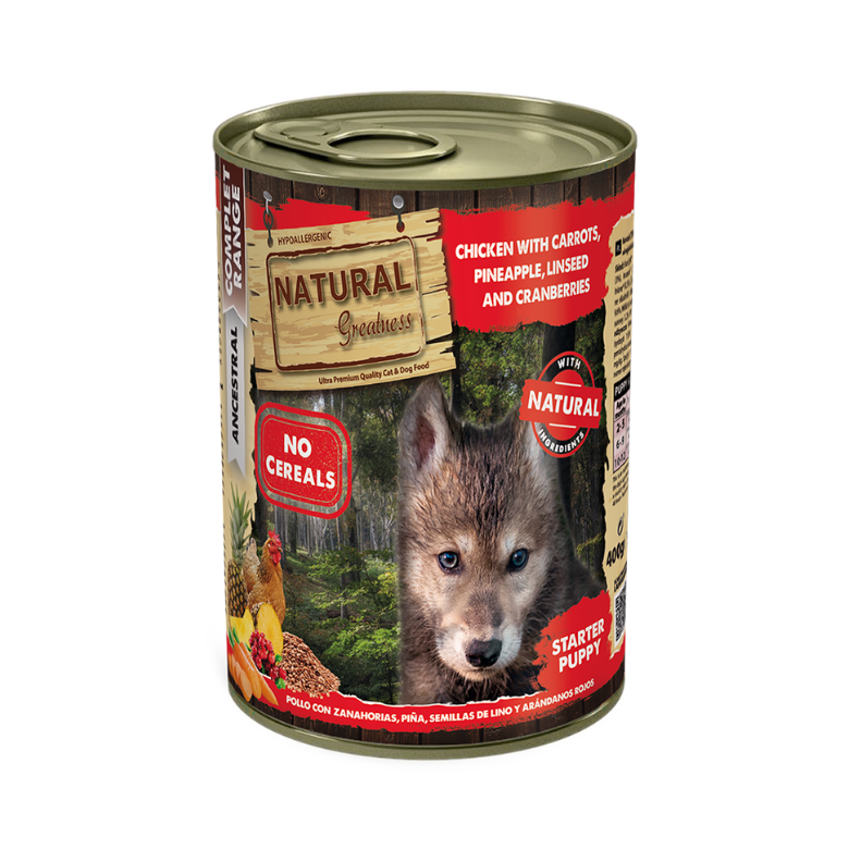 POLLO CON ZANAHORIAS, PIÑA, SEMILLAS DE LINO Y ARÁNDANOS ROJOS 400gr.