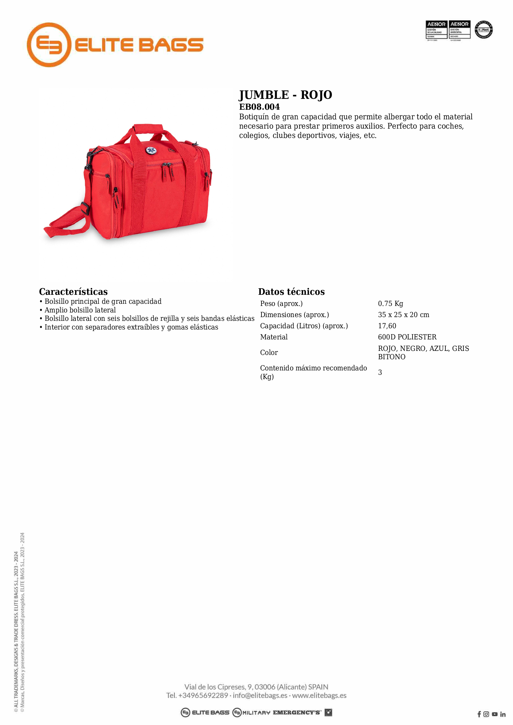 JUMBLE. Macuto-botiquín de 1º auxilios rojo