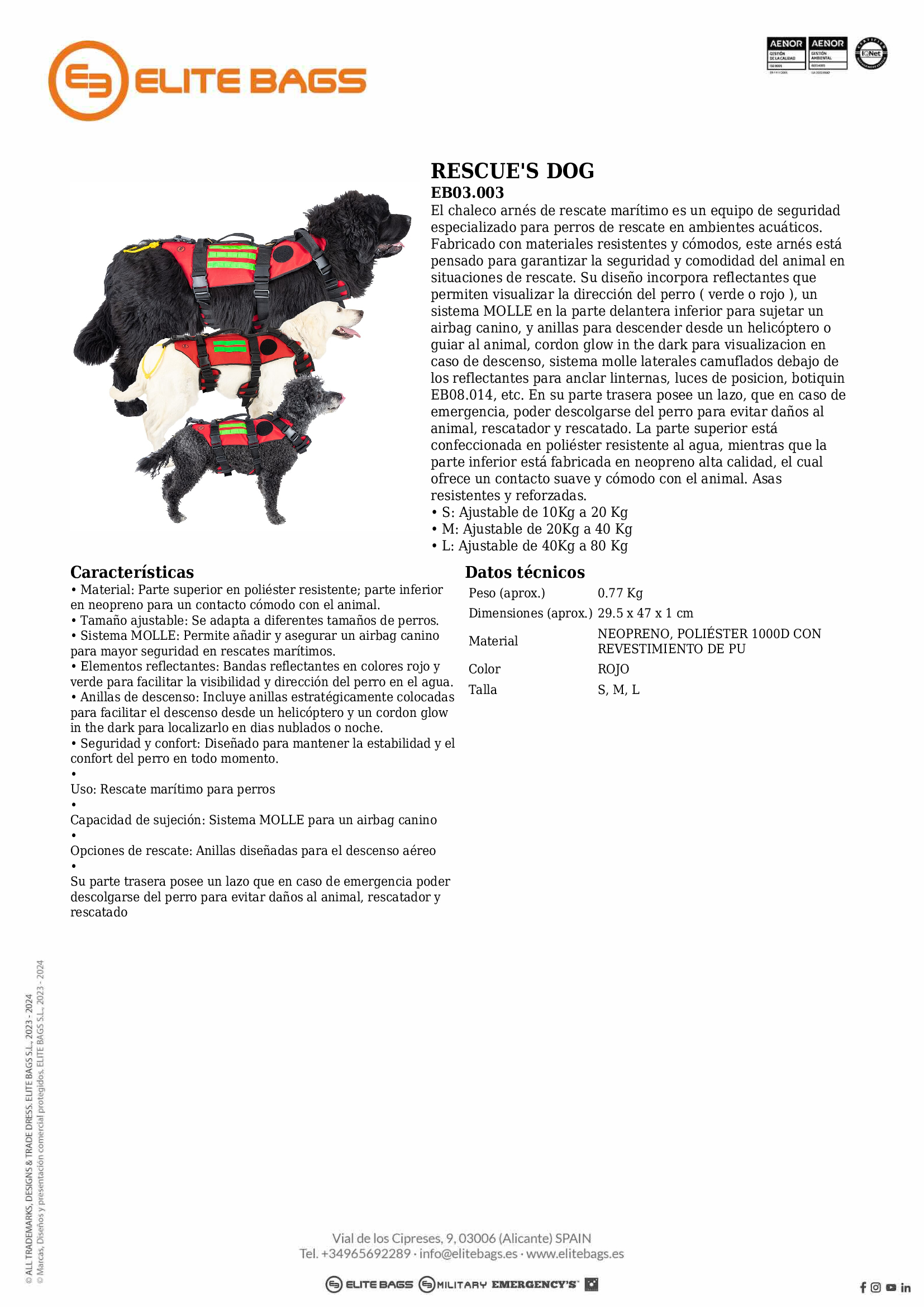 RESCUE’S DOG.Arnés de rescate para perros Talla M (Ajustable de 20Kg a 40 Kg)