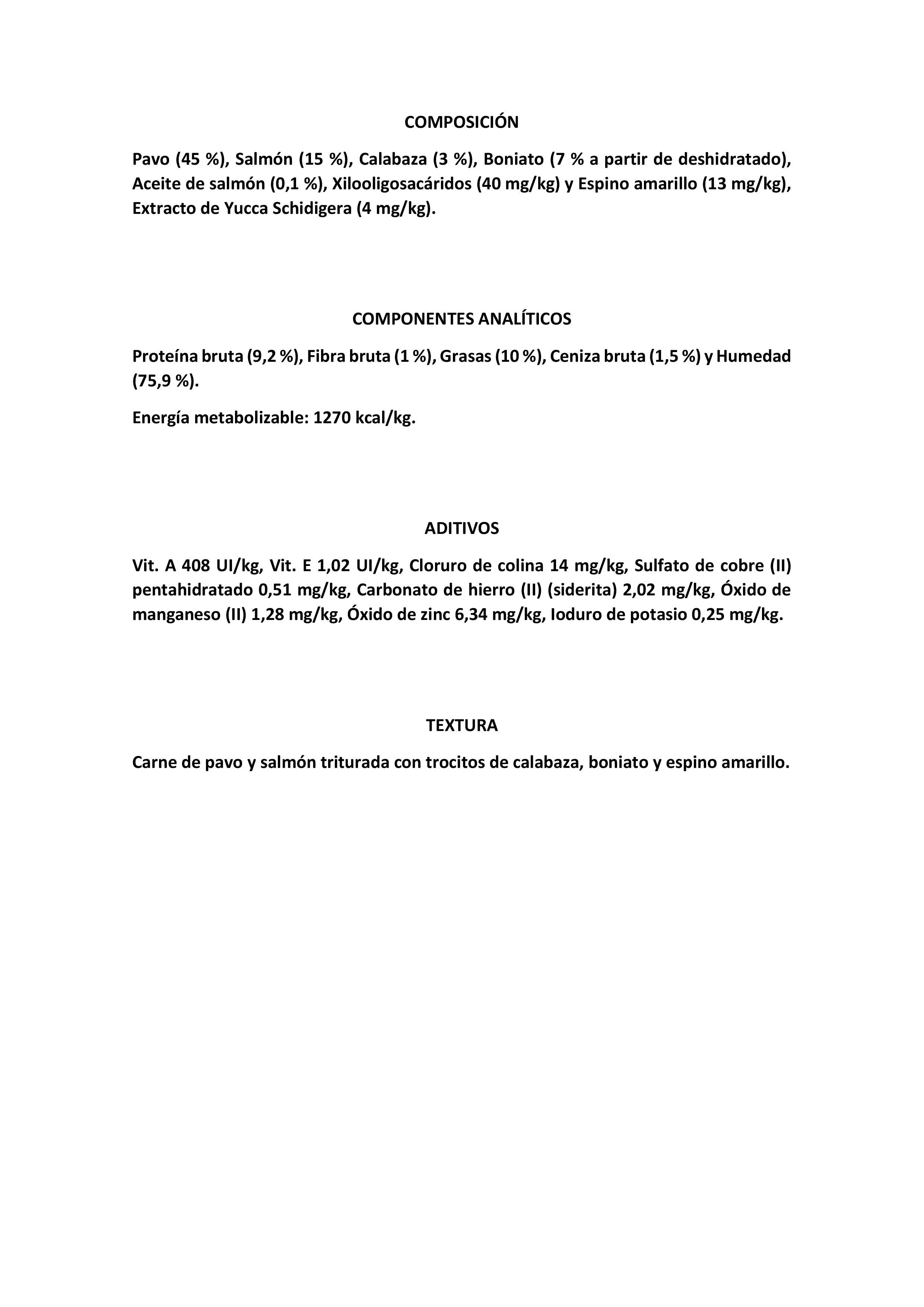 PAVO CON SALMON, CALABAZA, BONIATO Y ESPINO AMARILLO 400gr.