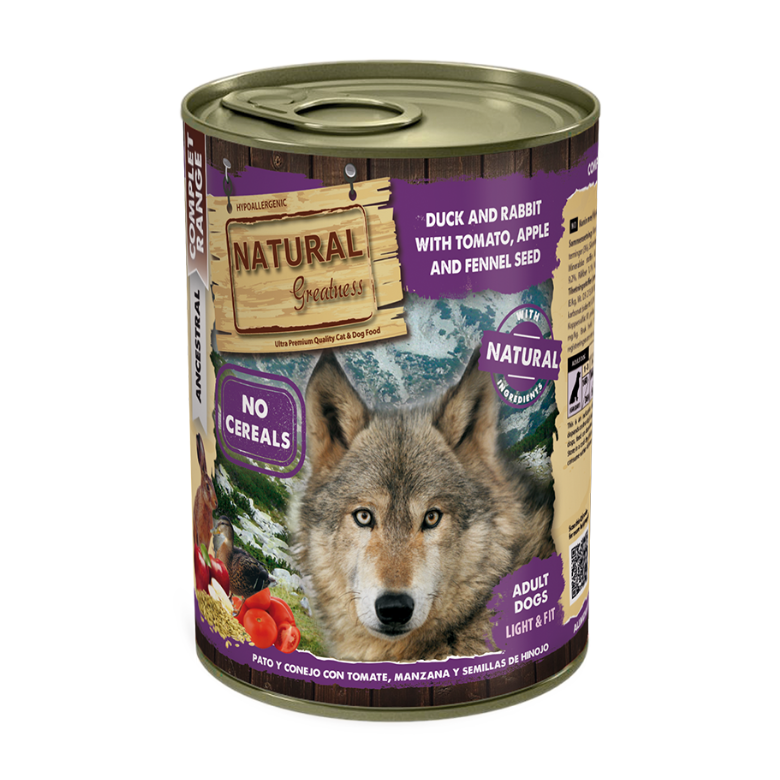 PATO Y CONEJO CON TOMATE,MANZANA Y SEMILLAS DE HINOJO 400gr.