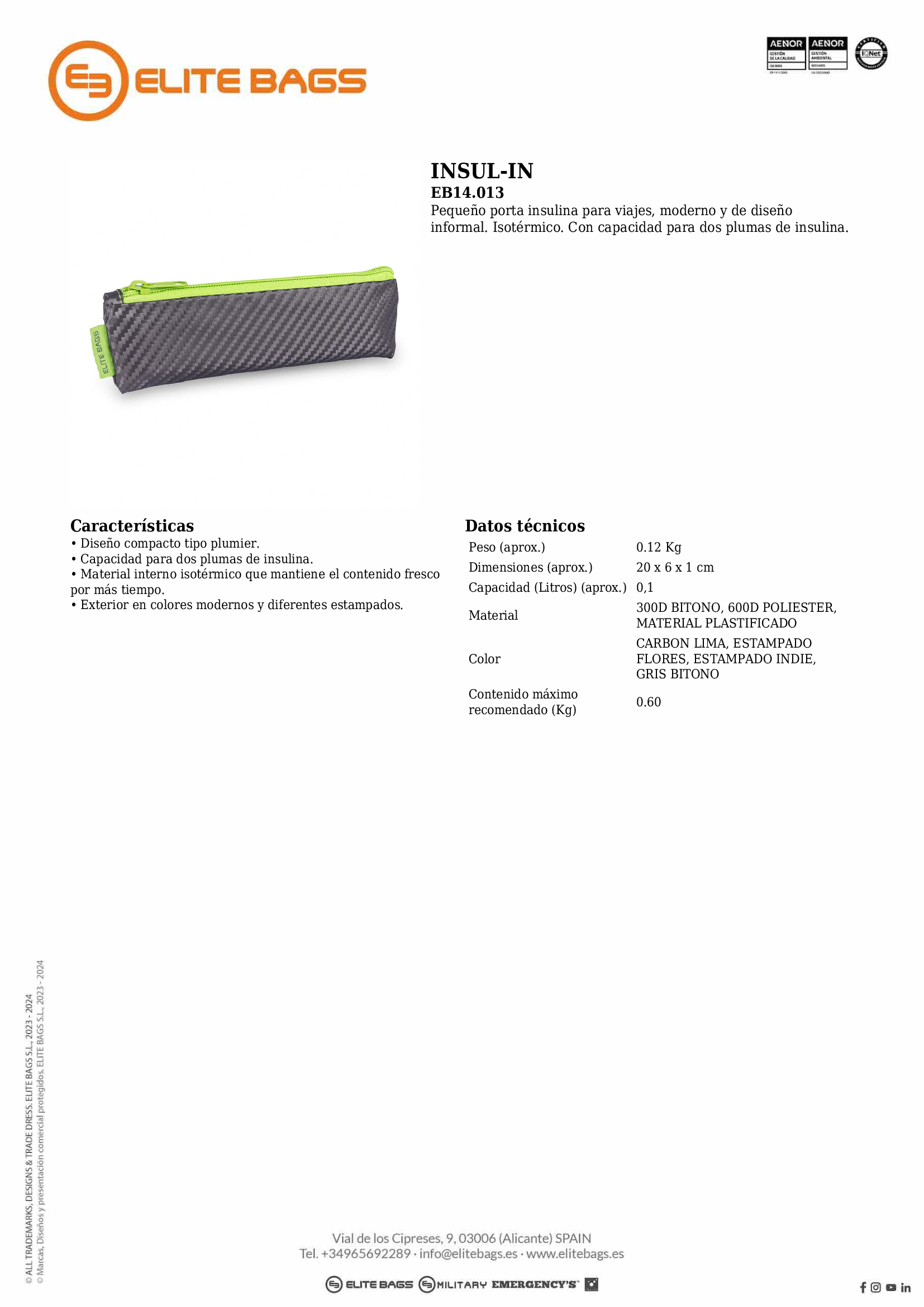 INSUL-IN, estuche isotérmico porta insulina. Carbón- Lima